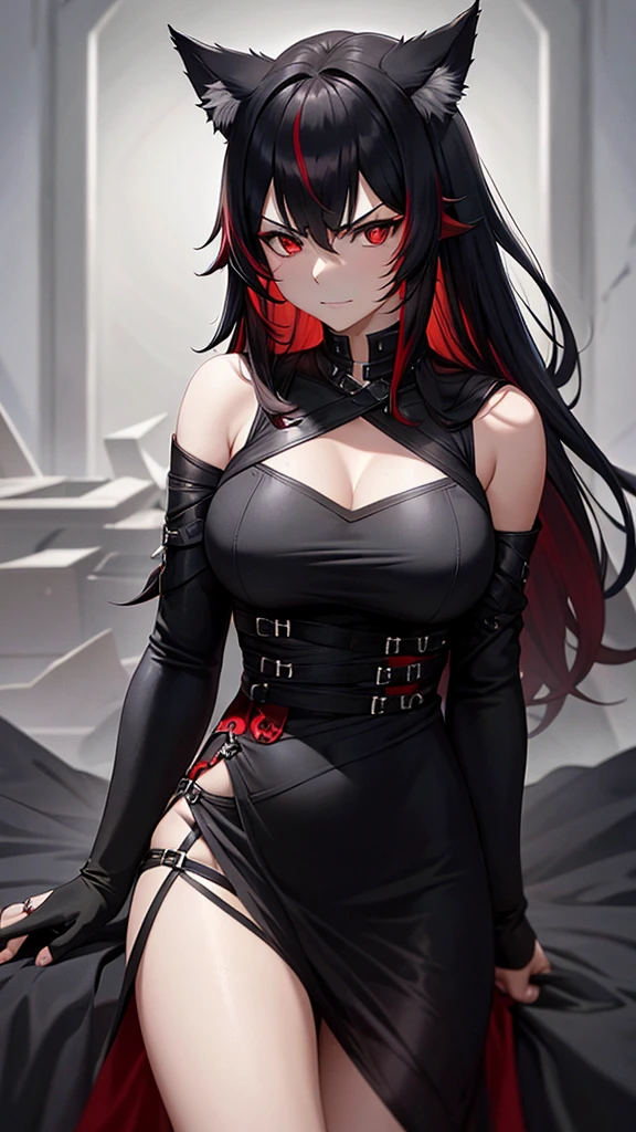 An adult woman, half wolf, black and red hair, black ears, red eyes, wearing a black and blue dress, very angry, wide breasts