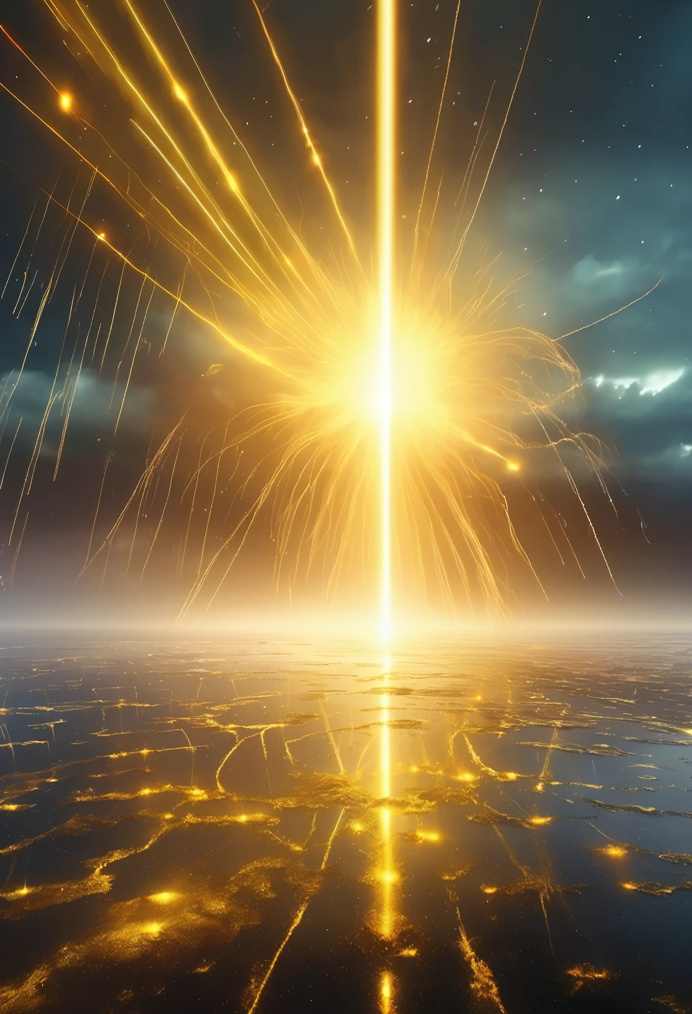 On the empty wasteland,Many laser beams penetrate the clouds and hit the sea,There are many golden particles floating in the air.,Mysterious atmosphere