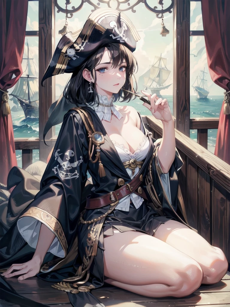 absurdres, RAW photo, extremely delicate and beautiful, masterpiece, Best Quality, ultra high resolution, 32k, hyperrealistic, ultra-detailed, delicate facial features, beautiful detailed woman, tearful mole, earring, medium breasts, full body shot, medium hair, black hair, pirate captain, intricate pirate clothing,