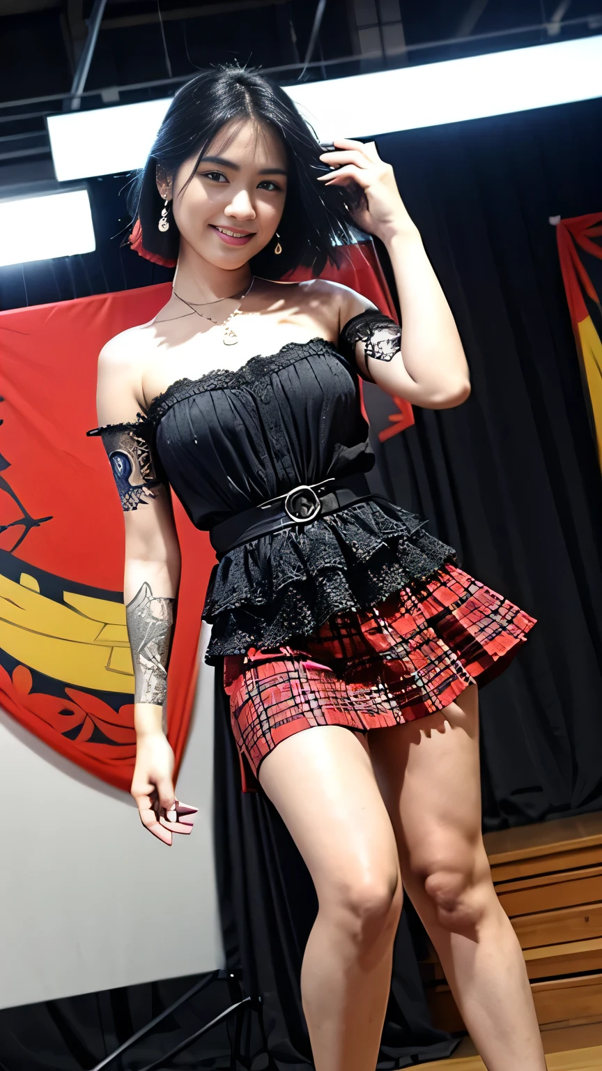 (realistic:1.3), A beauty girl with tattoos on body, beautiful art tattoo detailed, ((text tattoo on her legs: Fuck Me)), detailed beautiful eyes, big breast, cute chubby, , insane detailed, quality, (masterpiece:1.2), (photorealistic:1.2), (best quality), (detailed skin:1.3), (intricate details), ray tracing, ((half body)), (((1girl))), (((1 person))), 20 years old, black hair, smile, red dress, skirt with pattern, color contrast between the dress and the skirt, skirt pattern, earrings, necklace, Javanese ornament, (blurred background)