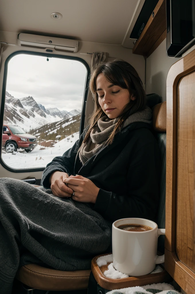 The lazy small cat sleeps in the cabin of the camping car in the snowy mountains. A cup of hot coffee for a fresh morning.