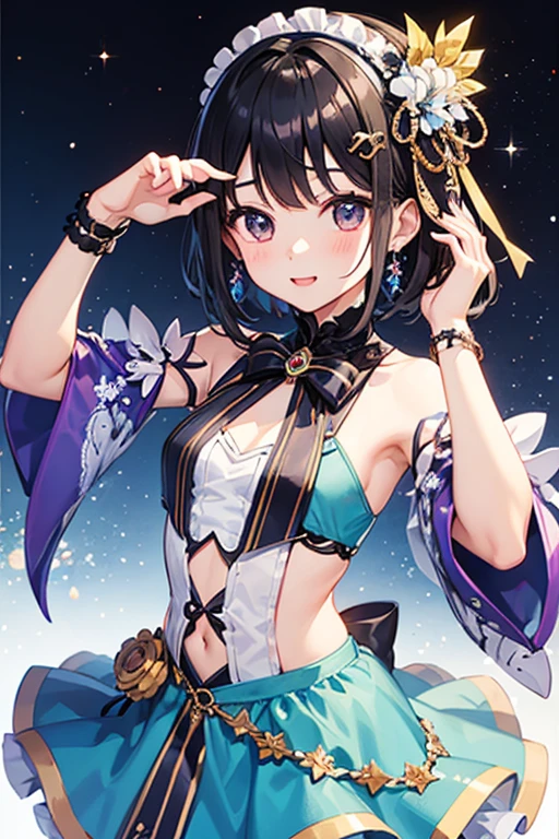 Highest quality、Black Hair、Iris、short hair、girl、cute、、、Small hair ornament、1 person、Idol Costumes、フリフリなIdol Costumeicrophone in left hand、interview