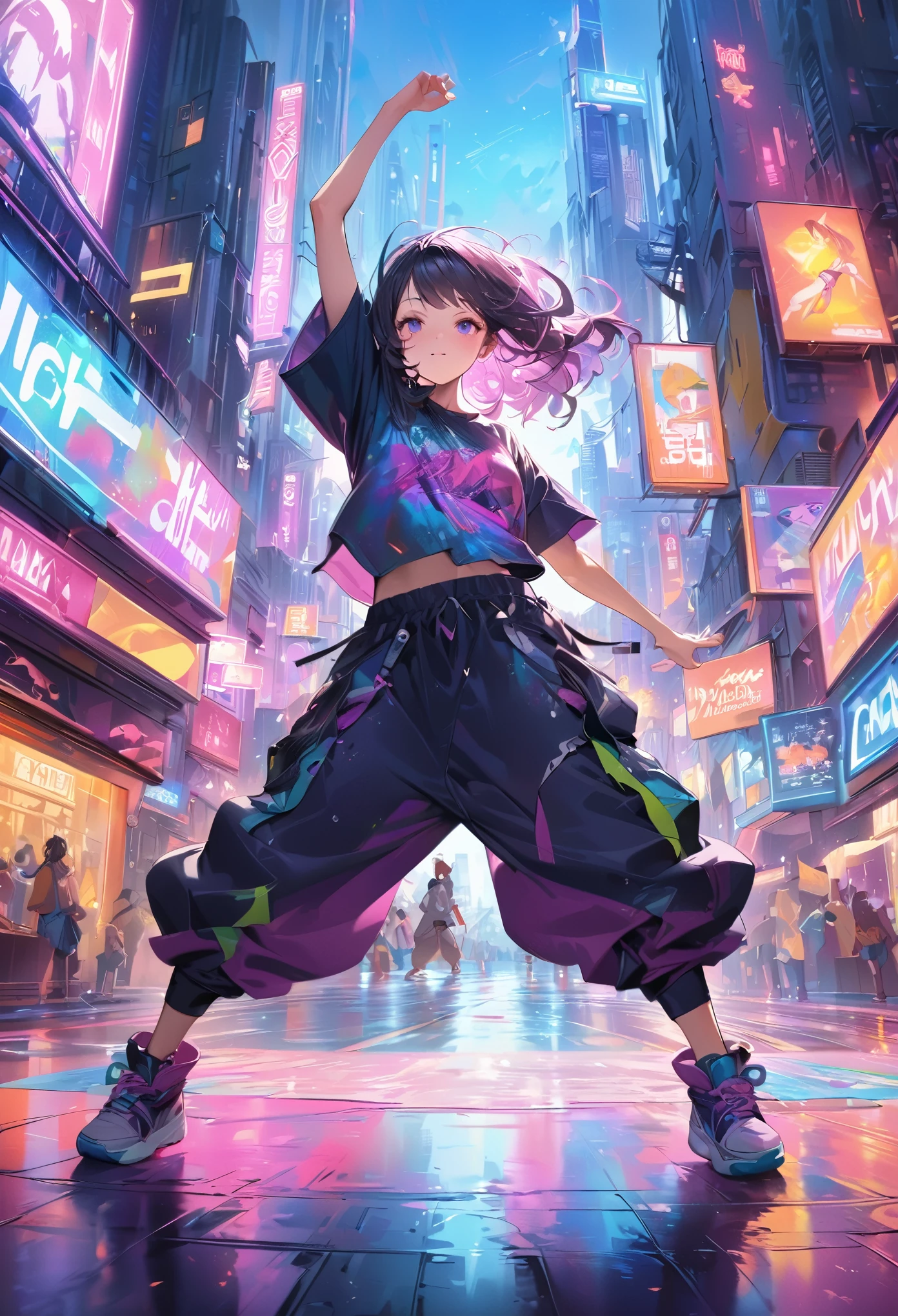 A cute anime girl performing a dynamic popping move, her body locking and popping with sharp, precise movements. Dancer wearing oversized T-shirt and baggy pants, popping dance pose, urban street style, loose-fitting clothes, vibrant colors, dynamic movement, street dance background, The background is a futuristic cityscape with neon lights. High-quality illustration, vibrant colors, detailed fabric textures. colorful illustrations, highly detailed, high resolution, in the style of digital painting, natural lighting, masterpiece, high definition, in the style of octane rendering, hyper realistic.