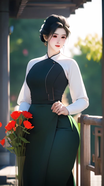a beautiful girl in vintage colors aodai , masterpiece, best quality, realistic:1.3, street, holding bundle of flowers, red+black dress, sunlight, backlighting, artstation, intricate details, vignettThe owner of an attractive body outline and high hips3d 4k