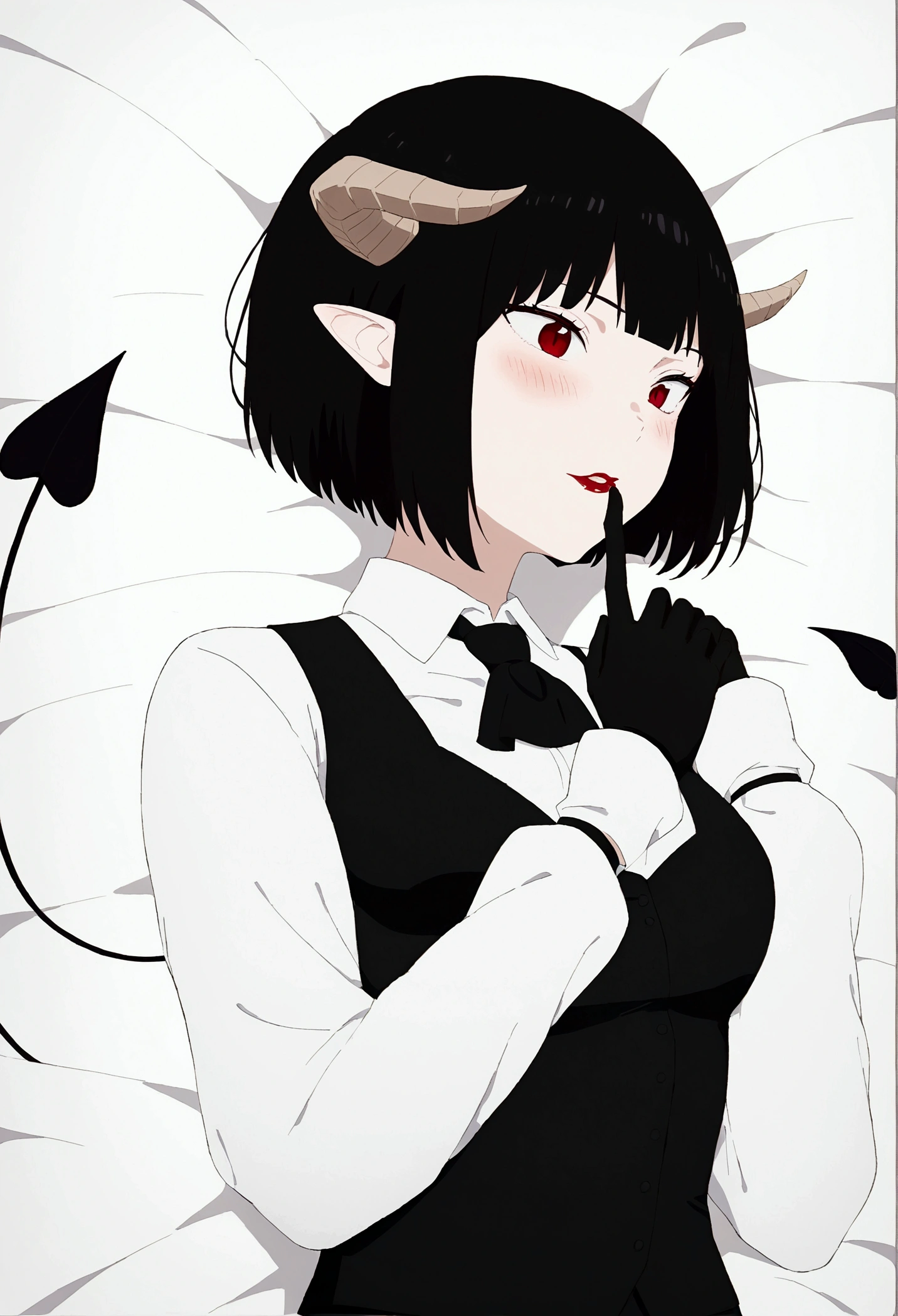 work of art, best qualityer, high resolution, 1girl horns short hair demon tail, white shirt black ascot black gloves black pants black vest,Bblack hair, laying on back, sheet, ,blushed,face red,finger her mouth,finger our lips