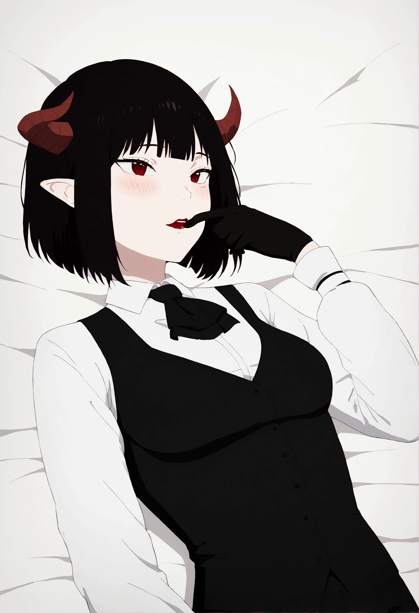work of art, best qualityer, high resolution, 1girl horns short hair demon tail, white shirt black ascot black gloves black pants black vest,Bblack hair, laying on back, sheet, ,blushed,face red,finger her mouth,finger our lips

