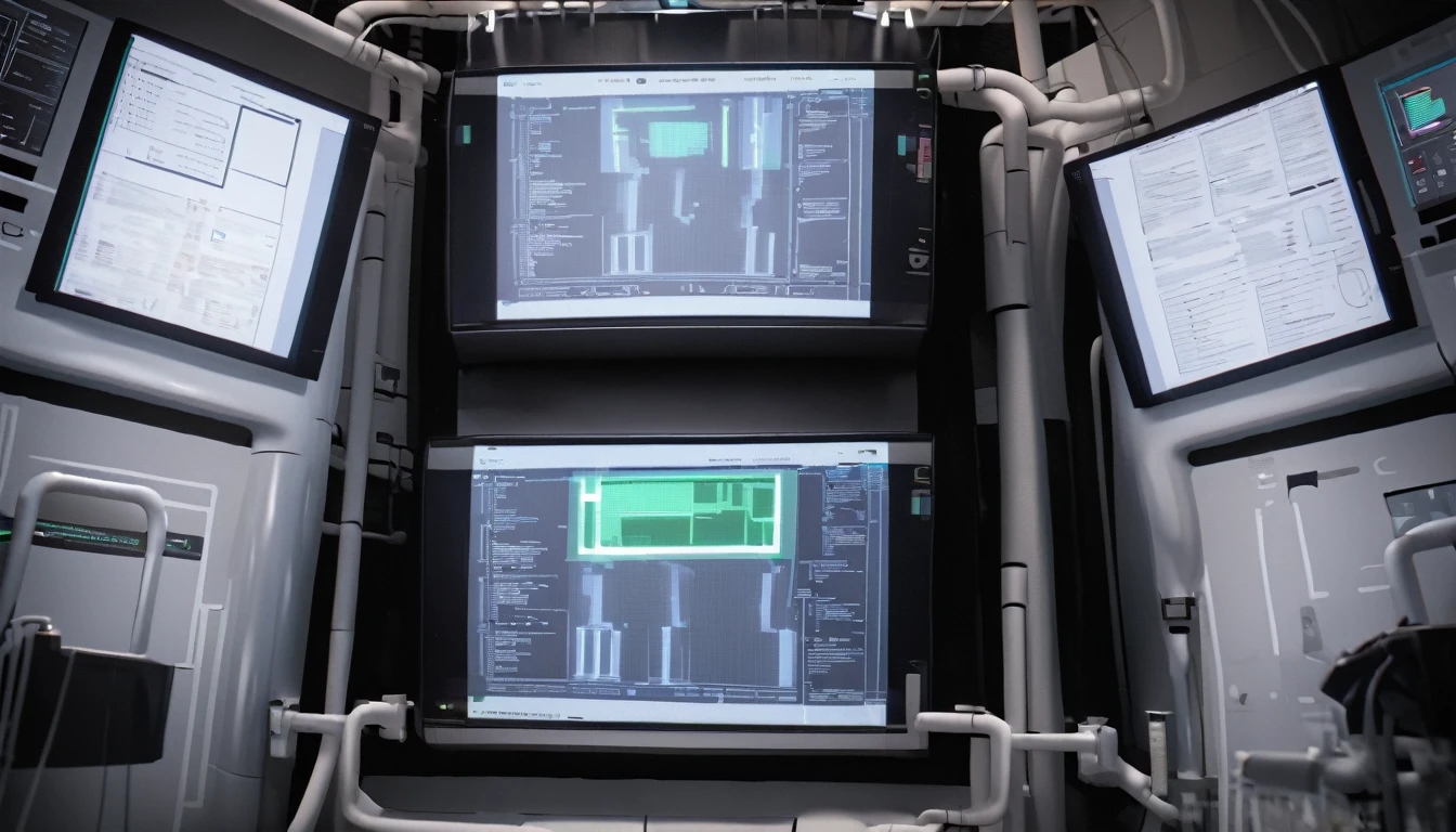 Wall close-up photography, Take a photo straight-on facing the wall. The clinic of the future features giant monitors displaying medical and chemical data.。Bright spot with white walls, Scientific research, The camera is parallel