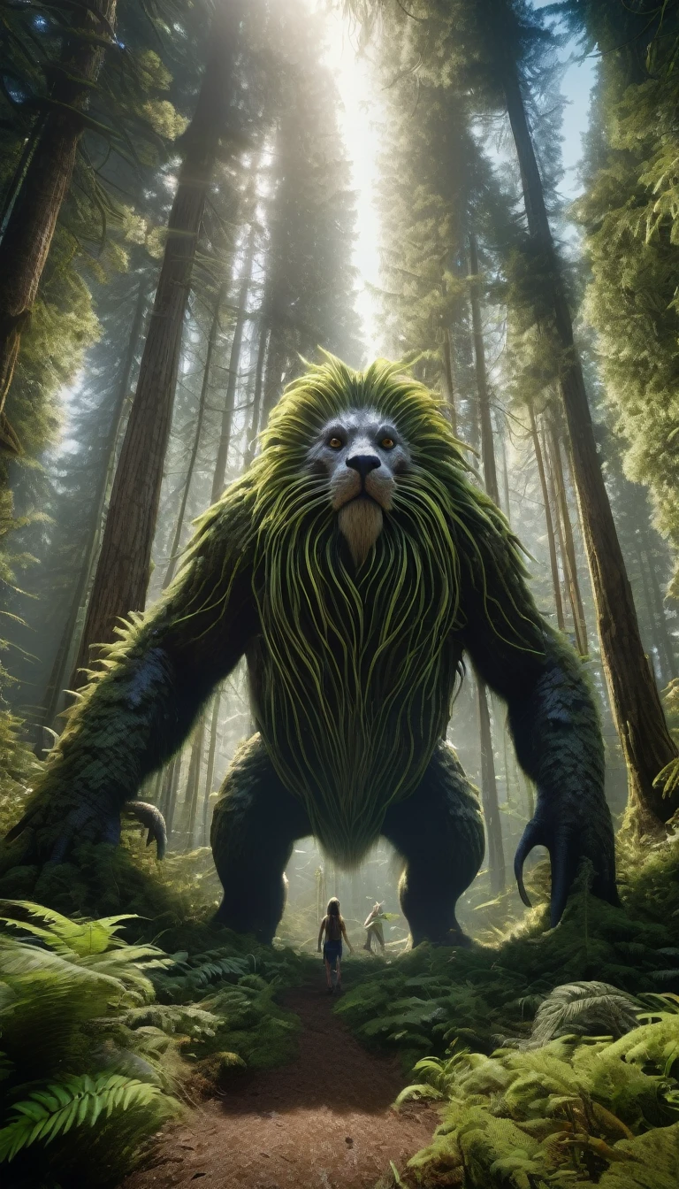 Panoramic front view,There is a creature in the forest,Human-like appearance,Full of hair(best quality,4K,8K,High level,masterpiece:1.2),Ultra Detailed,(lifelike,Photo real,Photo real:1.37),Highly detailed animals,Complex patterns,Realistic lighting,Fantasy Creatures