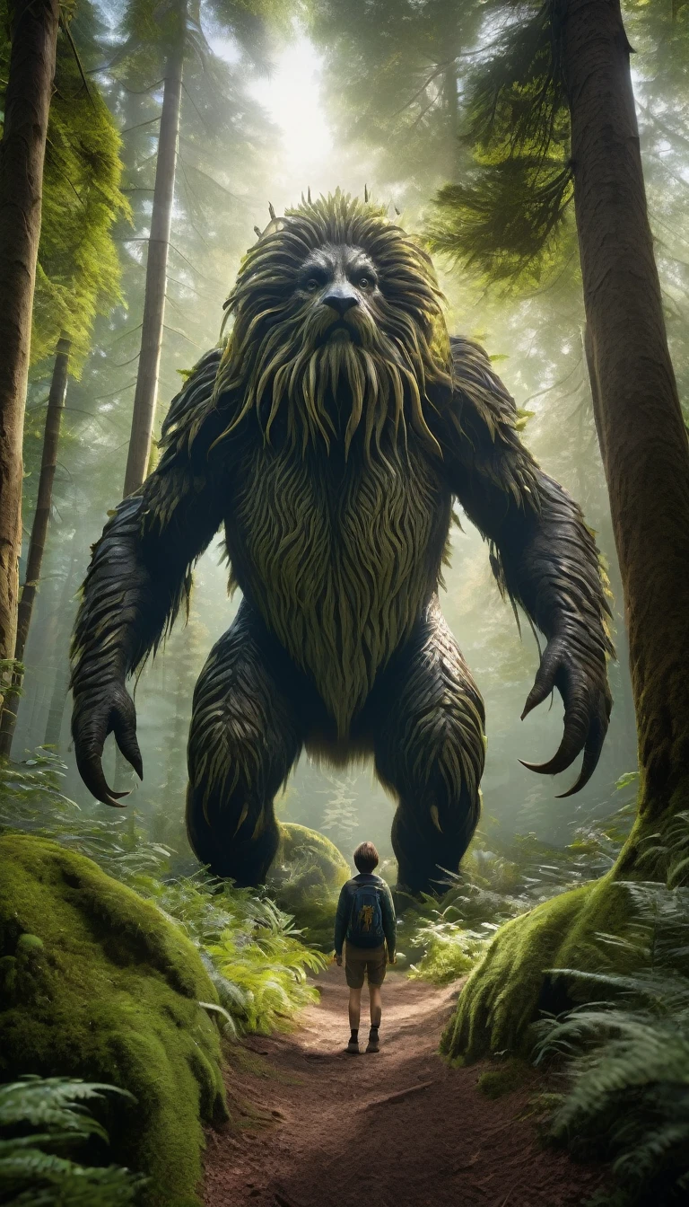 Panoramic front view,There is a creature in the forest,Human-like appearance,Full of hair(best quality,4K,8K,High level,masterpiece:1.2),Ultra Detailed,(lifelike,Photo real,Photo real:1.37),Highly detailed animals,Complex patterns,Realistic lighting,Fantasy Creatures