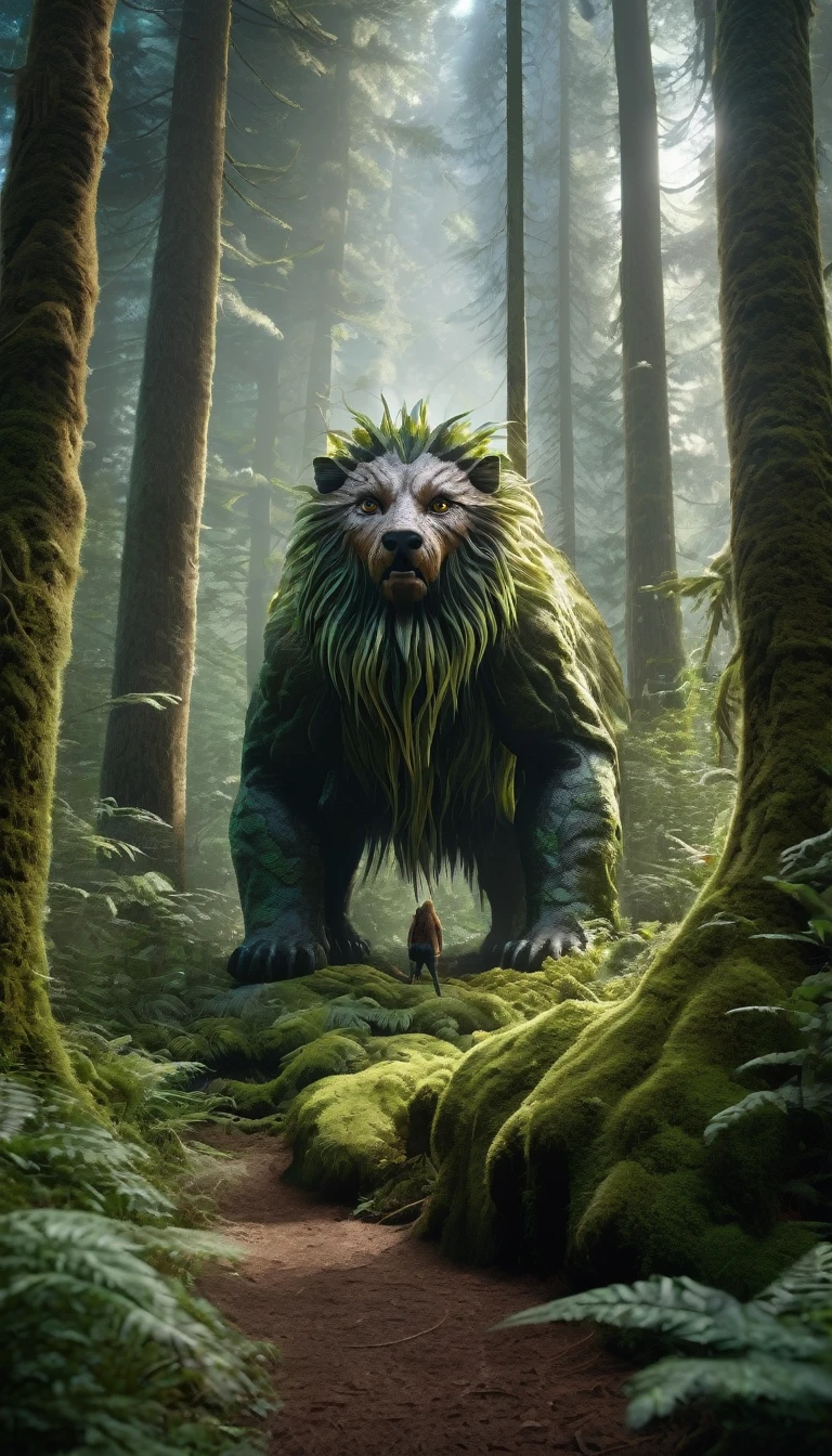 Panoramic front view，There is a creature in the forest，Human-like appearance，Full of hair（best quality，4K，8K，High level，masterpiece：1.2），Ultra Detailed，（lifelike，Photo real，Photo real：1.37），Highly detailed animals，Complex patterns，Realistic lighting，Fantasy Creatures