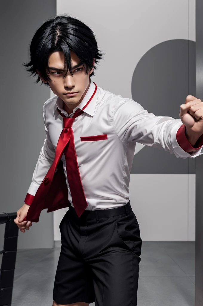 Anime boy with grayish black hair, red long coat, white shirt with red tie, black shorts. Give him a fighting pose. A classic fighting pose would be with one leg forward and one fist raised in a punch.
