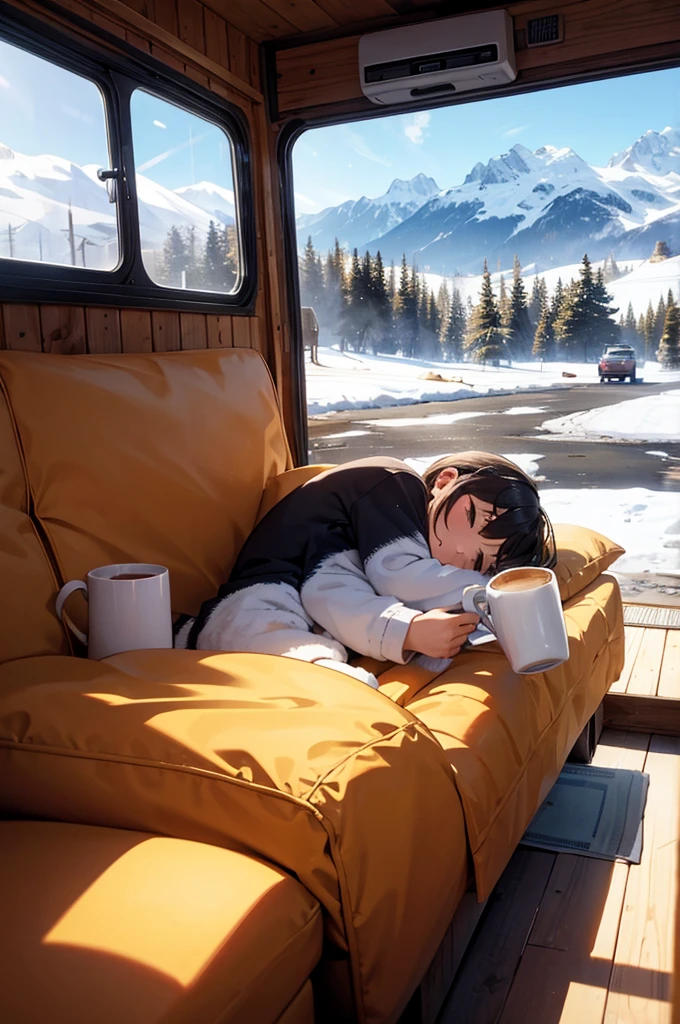The lazy small cat sleeps in the cabin of the camping car in the snowy mountains. A cup of hot coffee for a fresh morning.