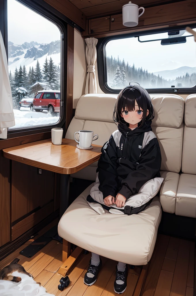The lazy small cat sleeps in the cabin of the camping car in the snowy mountains. A cup of hot coffee for a fresh morning.