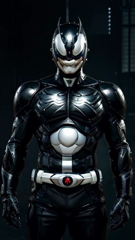 (8k),(masterpiece),(Japanese),(8-year-old boy),((innocent look)),((Childish)),From the front,smile,cute,Innocent,Kind eyes,Flat chest, black helmet, black domino mask, white mask, Venom,Bald,No Hair, Henshin Pose,night,dark, Neon light cyberpunk city,Kamen rider,camisa