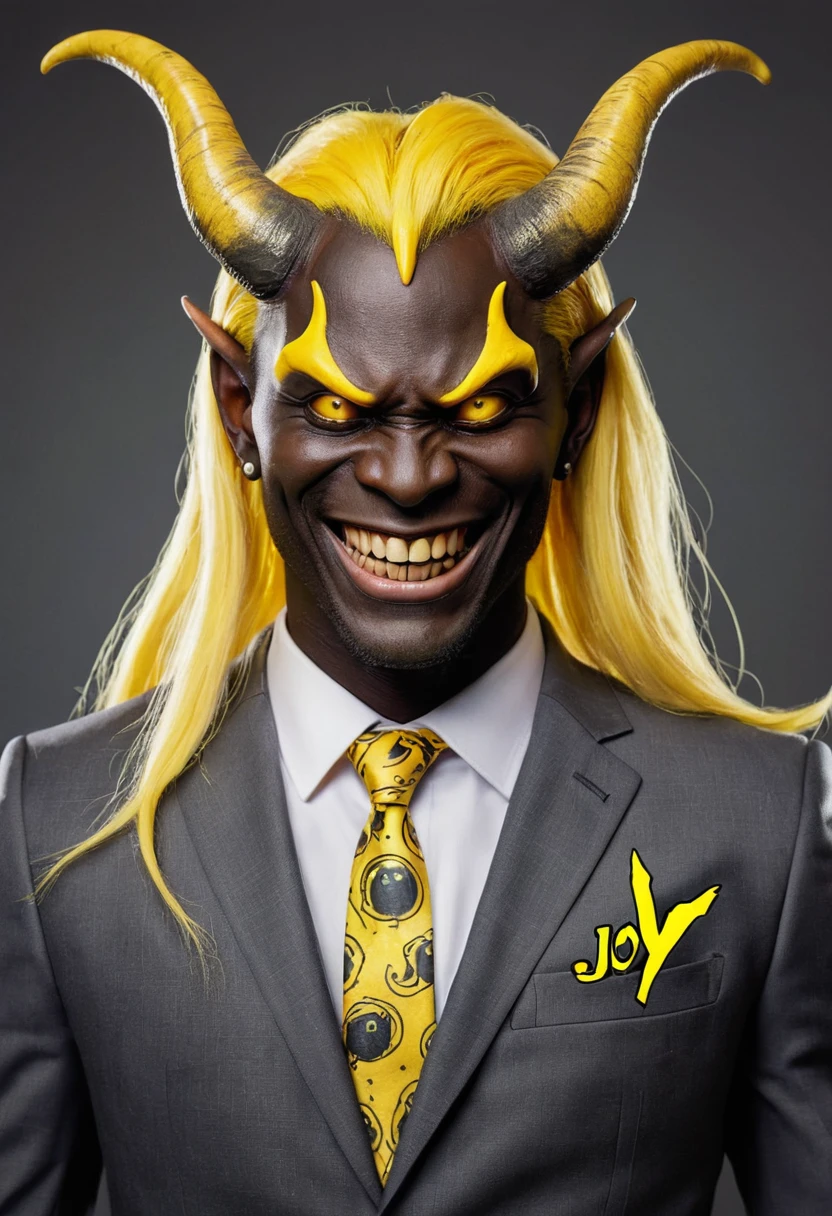 Humanoid monster with dark skin. He has horns on his forehead and his eyes are yellow and shiny. He has long yellow hair. He has a sadistic and cruel smile. On his forehead the word "Joy" is tattooed. He has two large wings on his back. He’s wearing a fancy suit with a tie. [Humanoid monster] [Yellow eyes] [Sadistic smile] [Yellow hair] [Fancy suit] [Wings]