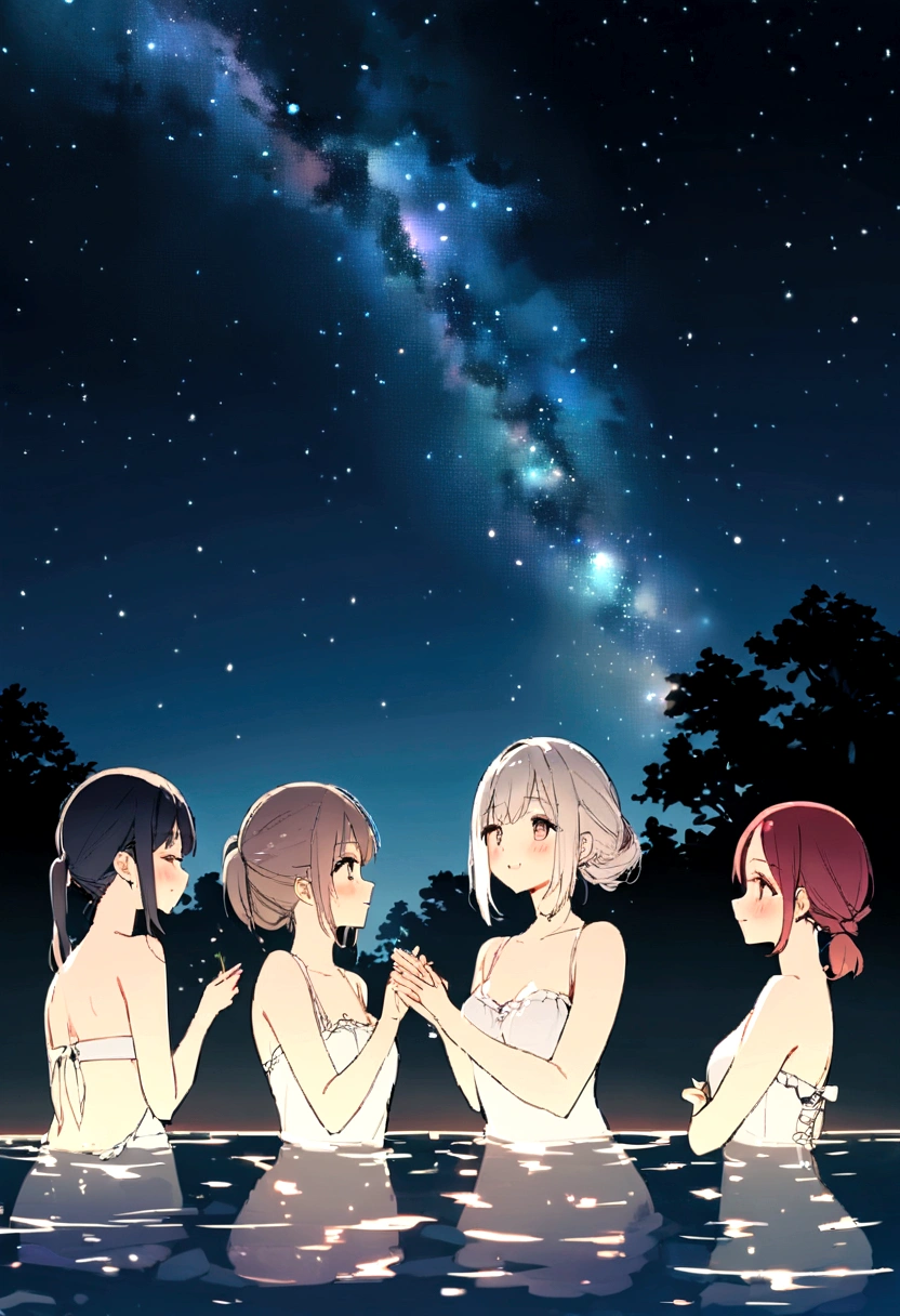 Several girls in an open-air bath、Night Sky、Starry Sky