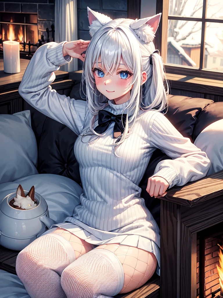 Anime, 1girl, backside view, white hair, blue eyes, glowing eyes, fishnet leggings, white winter sweater, mini-skirt, white underwear, slight smile, blush, cozy house, fireplace, white neck bow, white fox ears, black tight leggings, blue glowing, bedroom, back view, pillows, steaming hot cocoa, candy cane, lit candles, chocolate bar, lying down,  handprint on rear, 