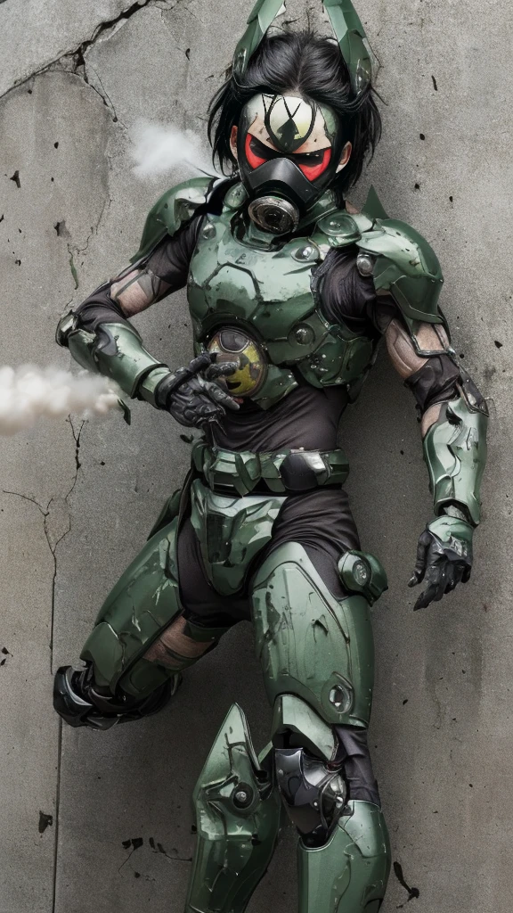 , Advanced Details, high quality, 最high quality, High resolution, 1080P 、Bleeding from the wound、Sexy Eyes、Wearing green and black、cute((The whole body is sweating))(Equipped with a damaged battle suit....)(Dark green armor)(Broken Armor)Black Hair、Chiquita、short hair、Open your mouth、Painful expression、It hurts again、Healthy Skin、20-year-old female defeat (Steam coming out of the face) ((Steam from the body)) Unable to fight Severe attacks ((I was thrown against the wall、Headgear broke. )) Flying debris bare hands Armor Stripping gas mask explodes