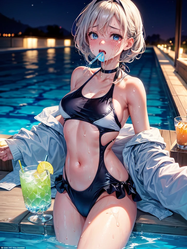 Highest quality,Highest Resolution,A crying beauty in a super high-cut swimsuit,Night Pool,Night view,whole body,up,Very beautiful eyes,(((Drink a drink))),(((Open your mouth and drool))),(((Sweat profusely)))Tears,Ｔback,