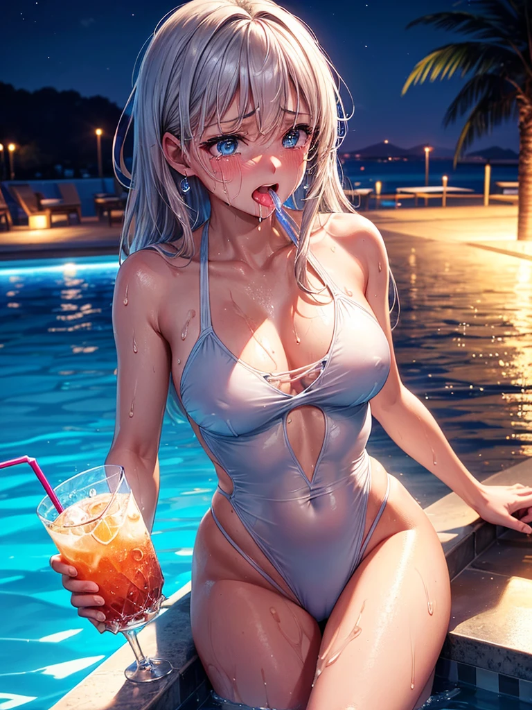 Highest quality,Highest Resolution,A crying beauty in a super high-cut swimsuit,Night Pool,Night view,whole body,up,Very beautiful eyes,(((Drink a drink))),(((Open your mouth and drool))),(((Sweat profusely)))Tears,Ｔback,