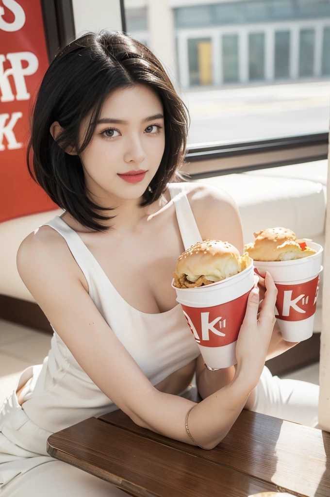 (((best quality))),(((ultra detailed))),(((masterpiece))),illustration,((1girl,solo)),(straight black bob hair:1.2),((slim,thin)),((small breasts,flat chest)),sitting,(in KFC:1.3), (burgers and drink on the table:1.2),((white strap tank top, white pants)), clean, fresh, bright face, sparkling eyes, rosy cheeks, beautiful smile, white teeth, neatly combed hair,sexiness,visible, natural, carefree,bustling restaurant, other customers, enjoying meals, chatting, bright lighting, warm atmosphere, joy, relaxation, cute appearance, carefree attitude, visually appealing, heartwarming,((upper body,from front))