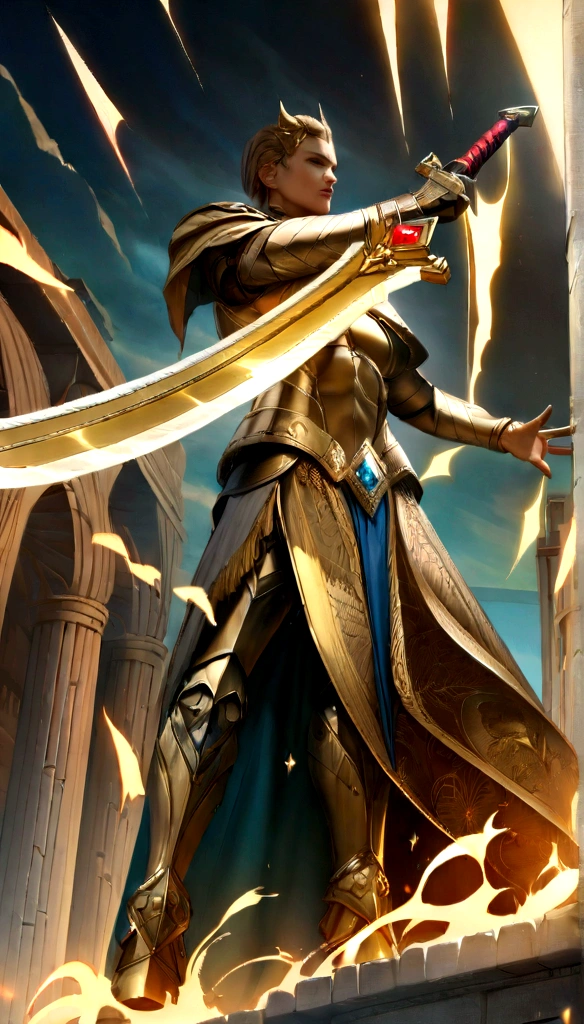 (best quality,4k,8k,highres,masterpiece:1.2),ultra-detailed,realistic,mastersword,legendary weapon,precise craftsmanship,detailed hilt,sharp blade,properly proportioned,beautifully textured,mythical sword pulsating light from the sword,iconic symbol,hero's weapon,forged by the gods,sword of destiny,enchanted blade,glowing blue aura,legendary battles,ultimate power weapon,destined to defeat evil,classic video game weapon,masterful design,intricate engravings,powerful artifact,impeccable quality craftsmanship,striking and elegant,centerpiece of the artwork,shimmering with divine energy,sharp enough to cut through anything,radiating strength and power,fit for a true hero,artistic homage to the game,signature weapon of the hero,pristine metalwork,exquisite attention to detail,colorful gems embedded in the hilt,legendary legacy,unbreakable and indestructible:focus on the blade's reflections and highlights,create an atmosphere of reverence and awe,showcase the iconic sword in a dynamic pose and perspective,bring out the mythical essence and power of the Mastersword.