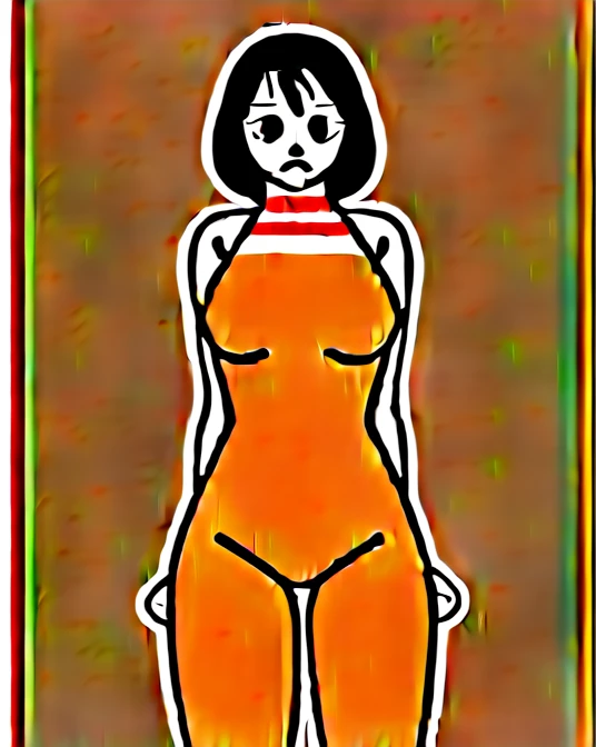 araffe woman in a bikini with a key in her hand, dressed in belts bikini, dressed in orange inmate attire, with prison clothing, wearing orange prison jumpsuit, handcuffs, Orange BootyShorts, prison jumpsuit, high quality costume, orange halter top, costume, electronic bikini, 20 years old, 2 0 years old, 2 - piece, prison cell, prisoner #069, prisoner, prison, top heavy, BigBreasts, locked up in prison cell behind bars, shackles, prison cell bed in background,