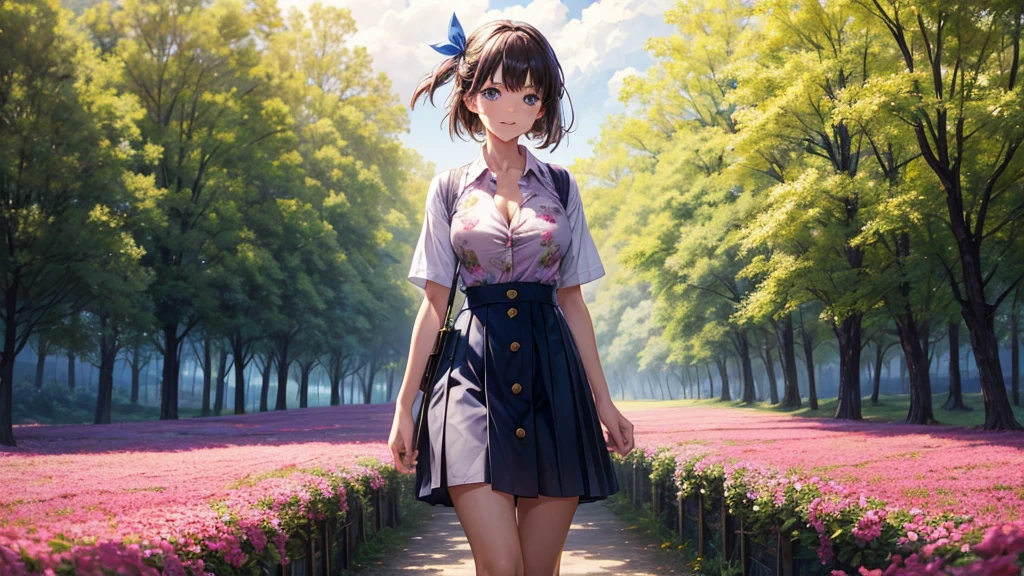 2girls, solo, full body, rural landscape, village, trees, sun, clouds, fantasy, large breasts, button down shirt, ((floral pattern shirt)), ((short sleeved shirt)), ((unbuttoned shirt)), unbuttoning buttons, cleavage 1:3, blue eyes, dark skirt, smile, looking at the viewer, standing, hair ribbon, golden necklate