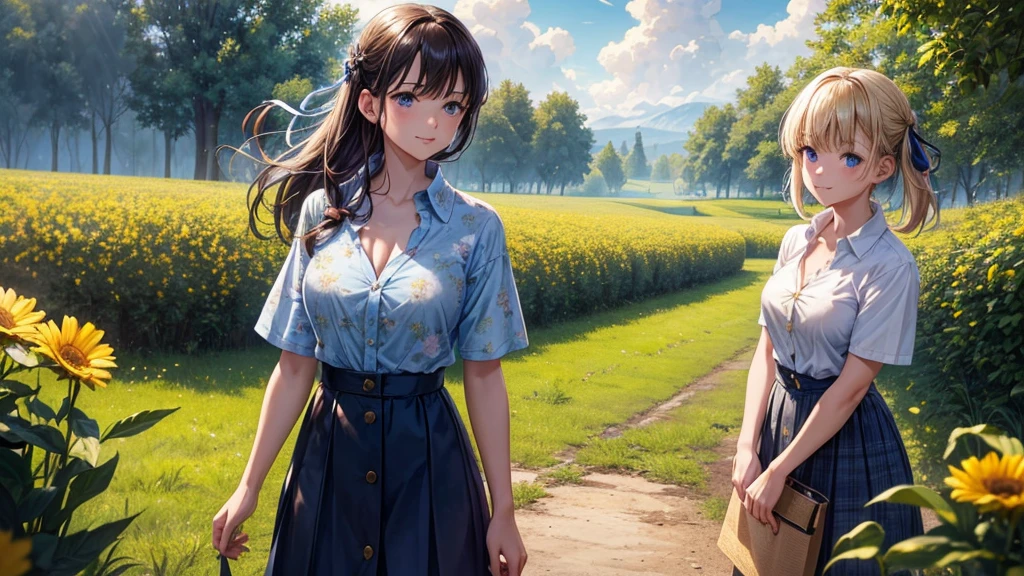 2girls, solo, full body, rural landscape, village, trees, sun, clouds, fantasy, large breasts, button down shirt, ((floral pattern shirt)), ((short sleeved shirt)), ((unbuttoned shirt)), unbuttoning buttons, cleavage 1:3, blue eyes, dark skirt, smile, looking at the viewer, standing, hair ribbon, golden necklate