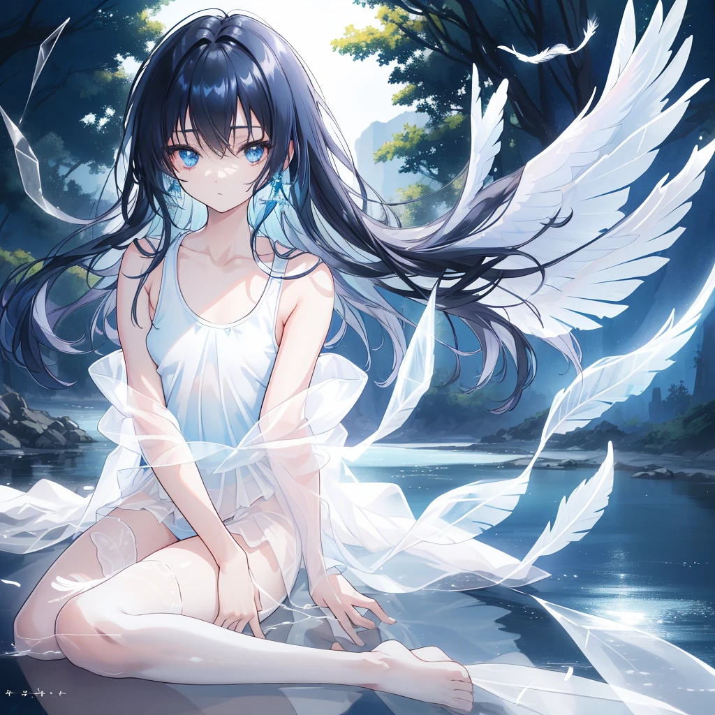 ((A long shot)) of a black haired anime teen girl, (sitting near a (river), ((strong sunlight)), cinematic light, slim body, skin is perfectly healthy, soft, and smooth, Extremely delicate and beautiful CG illustration, best quality, high resolution, dynamic angle, full-length lens, (1 girl), floating, soft light, high-key lighting), glowing light, blue halo, feathers fluttering background, blue crystal, (((wearing nothing but a white (pure) (transparent) tank top))), ((very cinematic)), ((wearing little clothes))