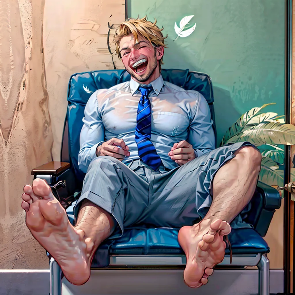 , blonde handsome skinny man wearing white shirts and blue ties and grey pants laughing, sitting on chair and feet on desk, feet tickling by feathers held by handsome skinny brown haired man, toes tickled by feathers , office background