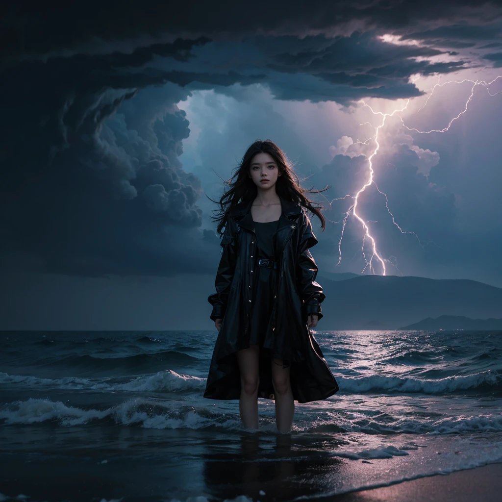 Demonic girl from the clouds Beautiful girl in the middle of the sea, there is a rainstorm and lightning in the background. Realistic picture, picture beyond imagination, 4k, cinematic, lighting cinematic, ultra uhd