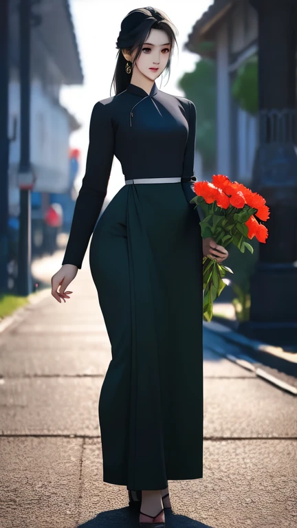 a beautiful girl in vintage colors aodai , masterpiece, best quality, realistic:1.3, street, holding bundle of flowers, red+black dress, sunlight, backlighting, artstation, intricate details, vignettThe owner of an attractive body outline and high hips3d 4k