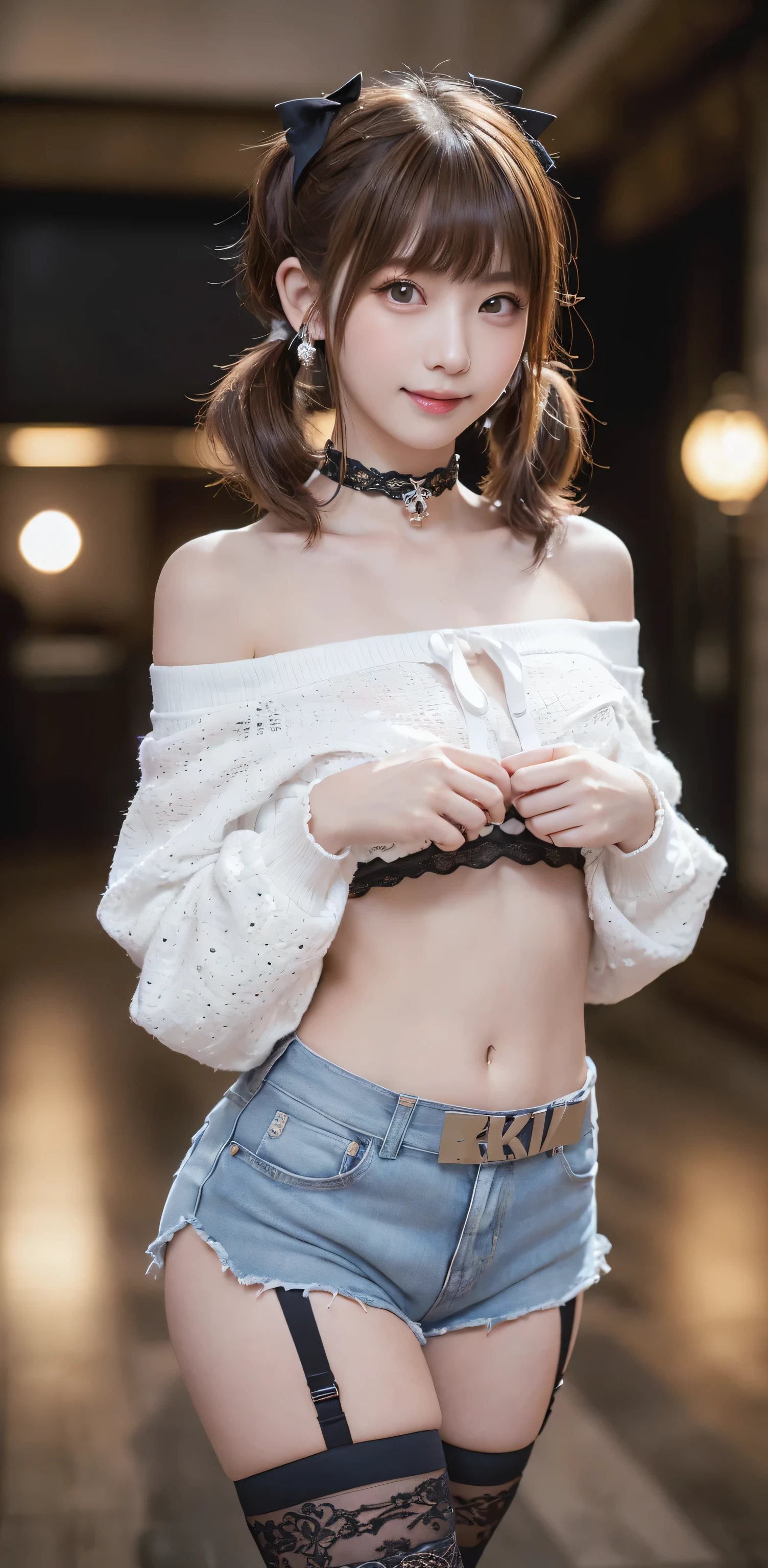 (8k、RAW Photos、highest quality、masterpiece:1.2)、(Realistic、Realistic)、1 girl、((Black dress、Off the shoulder、smile、See-through、Knee socks、Frills、ribbon、mini skirt、In the city、whole body、Standing with hands on hips))、Lots of eyelashes、Glowing eyelids、skeletally correct