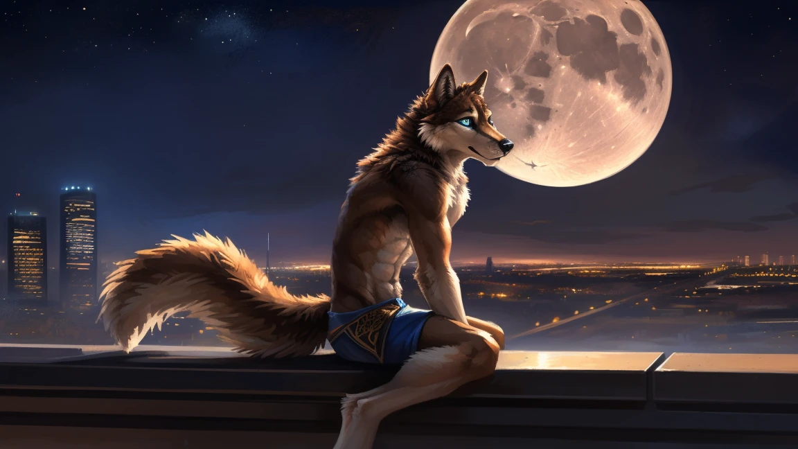 ((Solo)), male people, anthro wolf, (Multi-colored fur, White-brown:1.3), ((Wolf face, Big eyes, White eyelids, Blue pupil, Slim:1.2) (Tough, Calm expression:1.2)), (Height 2.1 meters,Tail length 1.5m), Abs, Slim, pinging, (Correct anatomy), (Contour bone:1.2), The upper body is naked, (detailed outfits), a long large tail，Feet，(Realistic fur, Detailed fur texture, labeled:1.3)), (Natural lighting), Photorealistic, Hyperrealistic, ultradetailed, by Kenket，In the modern city，Roof，the night，Sit alone，Look at the full moon，It was dark，Starry