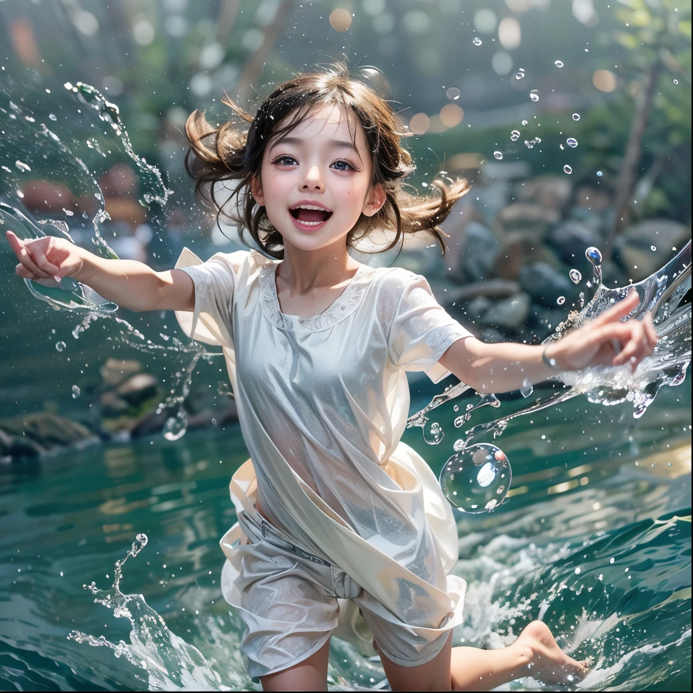 (8K TopQuality masterpiece: 1.2)(Realistic ProfessionalPhoto:1.37), VolumetricLighting. Tiny Girls, girl jumping into the water、Falling、splash water、shout、Luminous water surface、White and Bright colors, back lighting, Radiant PearlSkin, sparkling highlights, Detailed KAWAII face with cute lips, long eyelashes, Delicate clothes, {motion blurred hand|(Corrected Like Hand)}