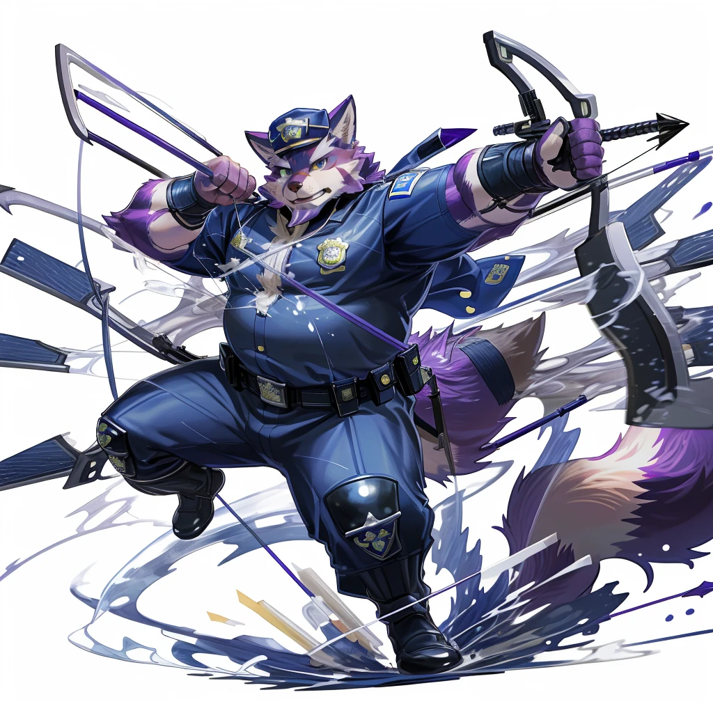 anthro, kemono, male, solo, (((anthro fox))), (((purple fox))), (((purple fur))), purple hair, green eyes, beard, white eyebrows, mature, muscular, (((beard))), white background, hold a bow, archer, ((((policeman, police outfit, police cap))), full body, splash art, (((action pose))), archery pose, shoot an arrow,