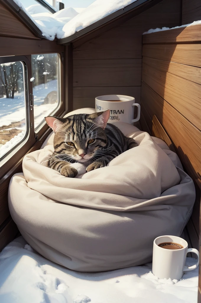 The lazy small cat sleeps in the cabin of the camping car in the snowy mountains. A cup of hot coffee for a fresh morning.