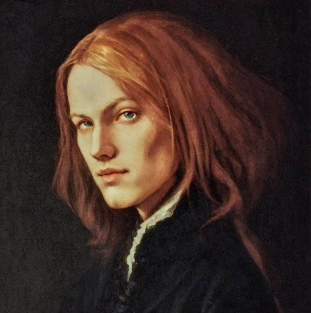 Portrait of Christopher Marlowe, white skin, piercing icy blue eyes, silky golden-brown hair, refined features, charp jawline, clean shaved, black Elizabethan velvet jerkin, white laced shirt, Art Nouveau style, Mucha style, Mucha background, realism, high quality