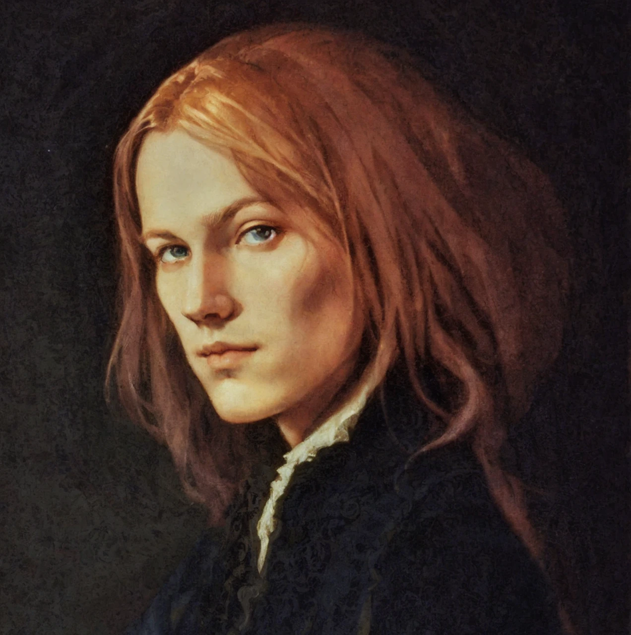 Portrait of Christopher Marlowe, white skin, piercing icy blue eyes, silky golden-brown hair, refined features, charp jawline, clean shaved, black Elizabethan velvet jerkin, white laced shirt, Art Nouveau style, Mucha style, Mucha background, realism, high quality