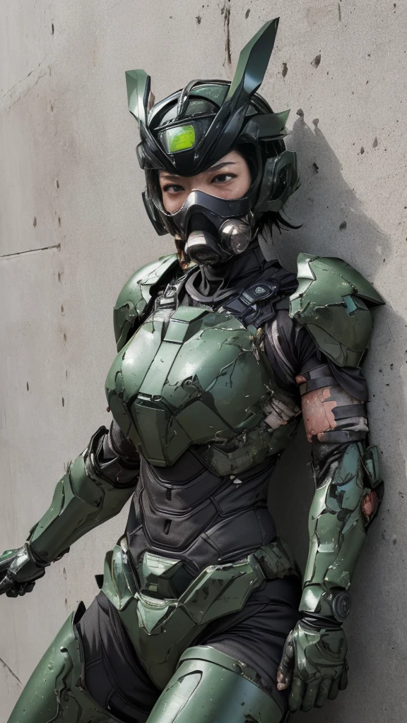 , Advanced Details, high quality, 最high quality, High resolution, 1080P 、Bleeding from the wound、Sexy Eyes、Wearing green and black、cute((The whole body is sweating))(Equipped with a damaged battle suit....)(Dark green armor)(Broken Armor)Black Hair、Chiquita、short hair、Open your mouth、Painful expression、It hurts again、Healthy Skin、20-year-old female　defeat　(Steam coming out of the face) ((Steam from the body)) 　Unable to fight　Severe attacks　((I was thrown against the wall、Headgear broke.　)) Flying debris　bare hands　Armor Stripping　gas mask explodes