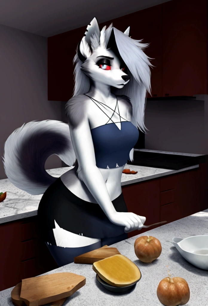 uploaded on e621, nsfw, raw photo, realistic, anthro, detailed face, detailed fur, snout, helluva boss, loona hellhound, loona, undone pants, in kitchen, big breast, (Apron), sexual pose, seductive pose, pin up, seduced, side angle