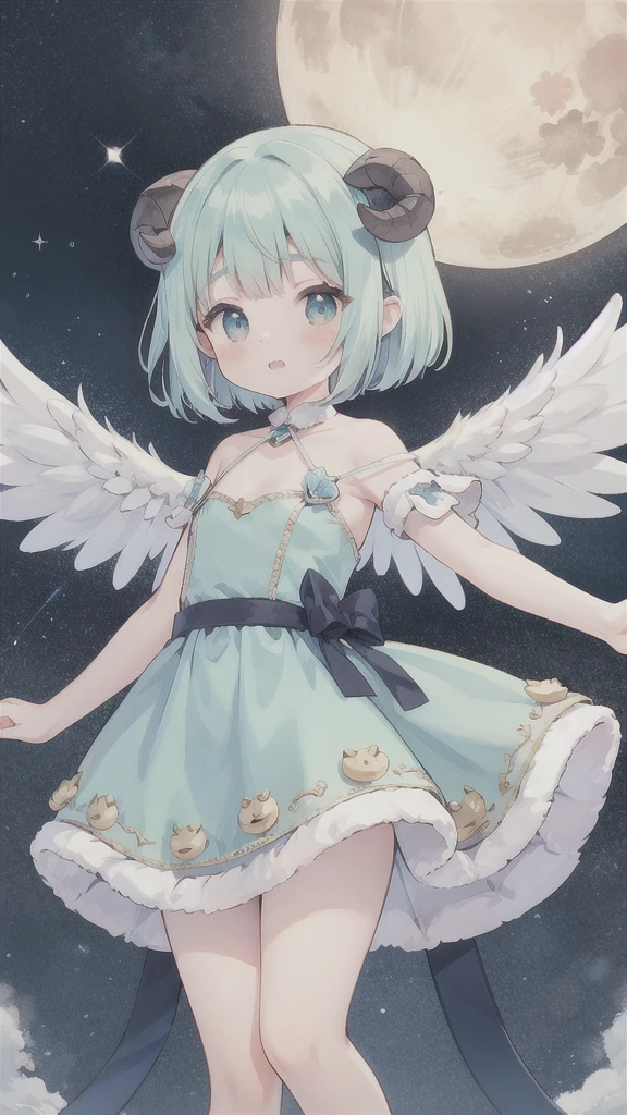 top quality, masterpiece, ultra high resolution, pretty facial features, flat design, Giant Gura, Giant Gura as magical girls with wings, A cute sheep is next to the girl, touching the sheep, perfect face, Giant Gura with short hair,simple background, fancy, Cute girl floating in the night sky, With a starry sky in the background, Giant Full Moon, Beautiful and simple flowing blue dress