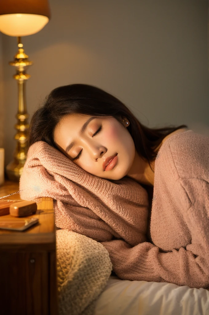 beautiful asian woman sleeping on her bed, 1girl, intricate details, hyper realistic, 8k, 4k, Canon EOS R5, high resolution, masterpiece, photorealistic, studio lighting, detailed fabric textures, realistic skin tones, flowing hair, natural lighting, peaceful expression, bedroom interior, soft bedding, cozy pajamas, warm colors, cinematic composition, depth of field, elegant aesthetic