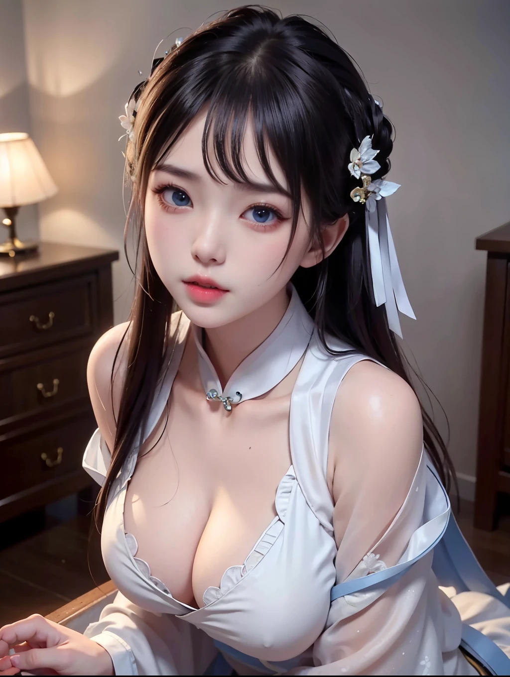 Wet-breasted Hanfu  dynasty open V-chested clothes royal, All pictures, Wet body of thin silk fabric, nude,princess 8 yeald old cute, (huge ，cleavage),petticoat, white pink, blue ，best qualtiy，tmasterpiece，Ultra-high resolution，（Reality：1.4），RAW photogr，（True skin texture：1.3），（filmgrain：1.3），（Selfie angle），1个Giant Breast Girl，Beautiful eye and face details，tmasterpiece，Best quality at best，exposing thighs，Bigchest，The chest is more exposed， detailed hair，above looking down facing at camera,short dressPrincess Eyes,Super big eyes,Detailed face,shiny pupils, naked