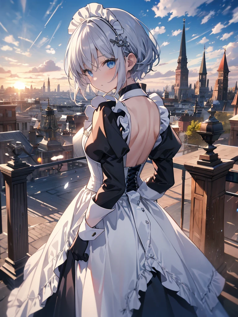 Illustration of one person, Dengeki Bunko, Woman Looking Back, Perfect Human Medicine, Woman keeps falling, {{{{{Maid clothes}}}}},Small Tits,anime, Two legs, Cool,{{{{{50 year old woman}}}}} ,{{{{{a person is depicted}}}}},(Official Art、{{{{{Upper Bodyアングル}}}}},Highest quality、Unity 8k wallpaper、32k、masterpiece、Ultra-detailed、Ultra-high resolution, Realistic、Grab your hair with your hands, Photorealistic:1.2)、(Cinema Lighting:1.2)、,Fire Glow Effect、The most grainy shadows on the film、Rim Light、Side light、Side Shot、(Ultra-detailedで複雑な3Dレンダリング)、Very short hair, Short wolf hair,細部までBeautiful Faceと目、Sharp pupils、Realistic生徒、Slender、white maid hat, Highly detailed background、Beautiful Face、Beautiful 16 year old girl、(Ultra-detailedなスキン、Detailed skin texture:1.Silver Hair:1.3)、Blunt bangs、blue eyes、{{{{{黒いMaid clothes}}}}}、White apron costume、Black knee socks、(Thighs Thighs Thighs Thighs:0.8)、Black Bhutanese sticks and a beautiful sunset、Medieval castle、Dancing on the Tower Roof、(avert your eyes、Overlooking the city:1.3)、Fantastic、Close your mouth and bite, Makes your face smaller, (Tabletop), Highest quality, Perfect Face, 1 Girl, alone, Eye color is light blue, Hair between the eyes, Very Short Hair, blue eyes, Silver Hair, Knee-high boots, corset,Black gloves, Long sleeve, Upper Body,