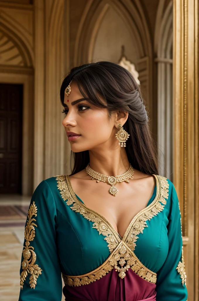 Powerful woman, royal, indian history, elegance, power, beauty, ruler, hd, high quality, good anatomy, long view, full dress, court, realistic 