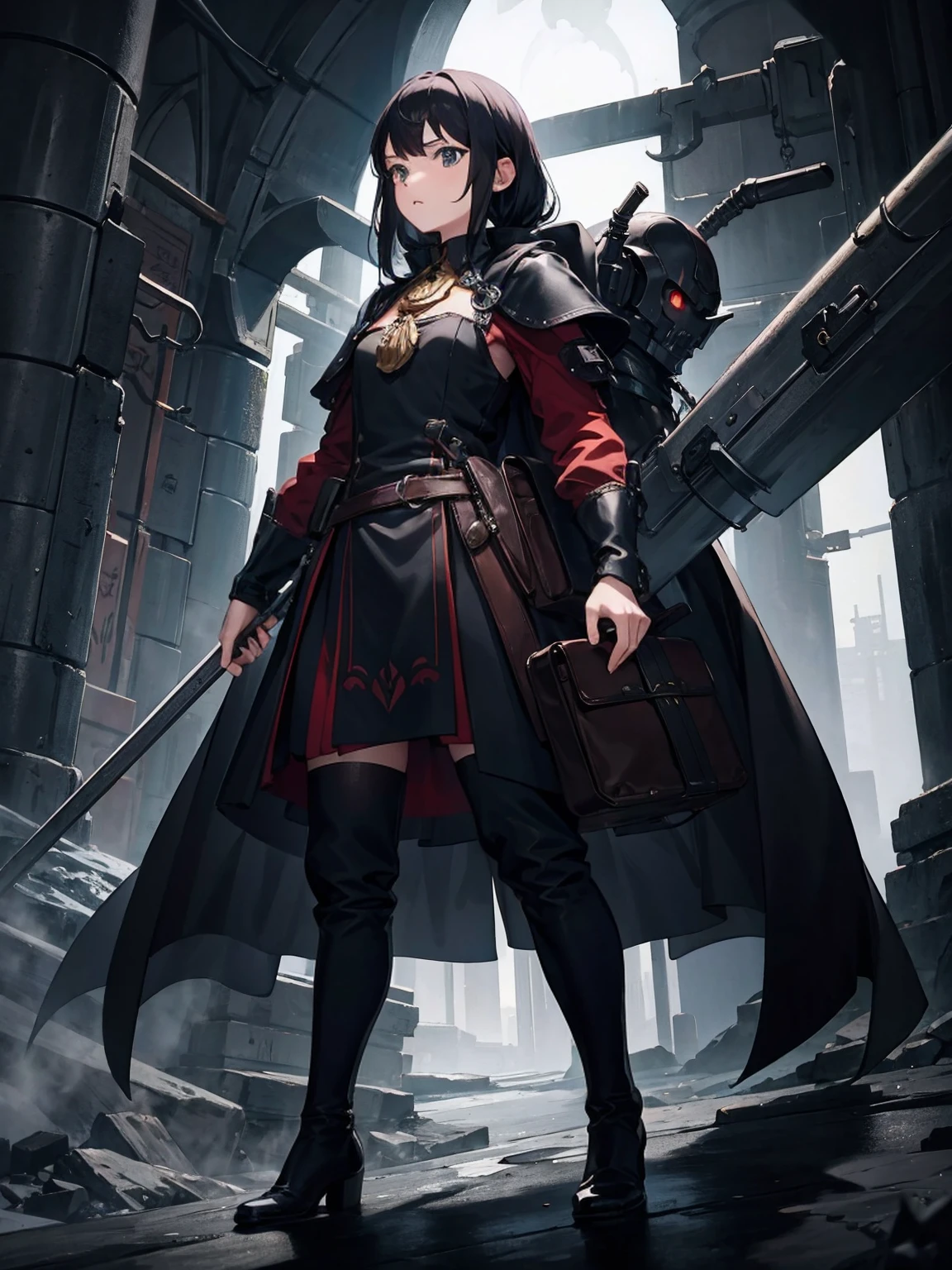 1 Girl,14 years old,tiny body,black hair,Red eyes,Medieval merchant style dress,Adventurer Merchant,mystery,Carrying a huge backpack on his back,Weapons on the waist,whole body,Standing picture,multi-angle,Anime CG,Highest quality,Extremely detailed,Highest definition,8K,Full set of clothing,whole bodyStanding picture,Well-proportioned body,Medieval landscape