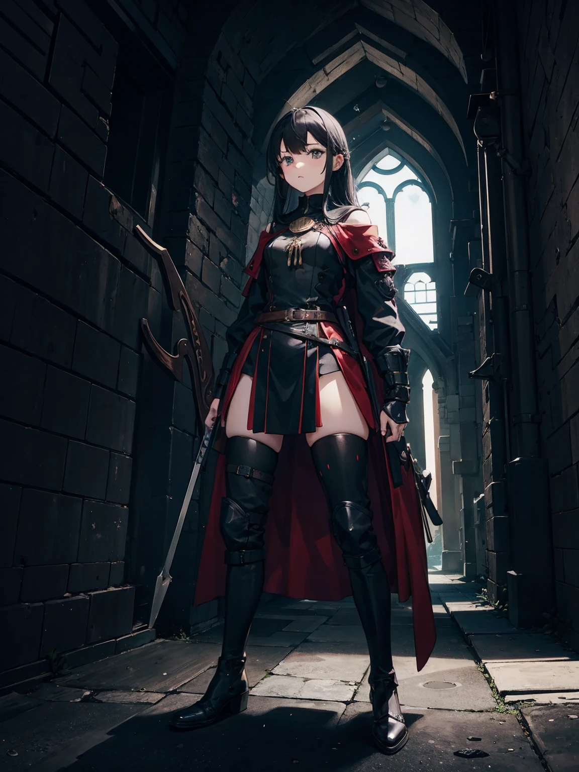 1 Girl,14 years old,tiny body,black hair,Red eyes,Medieval merchant style dress,Adventurer Merchant,mystery,Carrying a huge backpack on his back,Weapons on the waist,whole body,Standing picture,multi-angle,Anime CG,Highest quality,Extremely detailed,Highest definition,8K,Full set of clothing,whole bodyStanding picture,Well-proportioned body,Medieval landscape