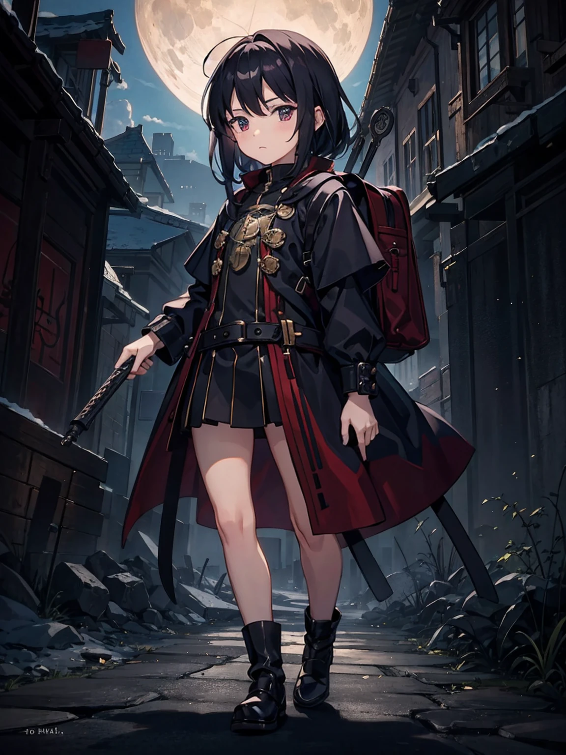 1 Girl，14 years old，tiny body，black hair，Red eyes，Medieval merchant style dress，Adventurer Merchant，mystery，Carrying a huge backpack on his back，Weapons on the waist，whole body，Standing picture，multi-angle，Anime CG，Highest quality，Extremely detailed，Highest definition，8K，Full set of clothing，whole bodyStanding picture，Well-proportioned body，Medieval landscape